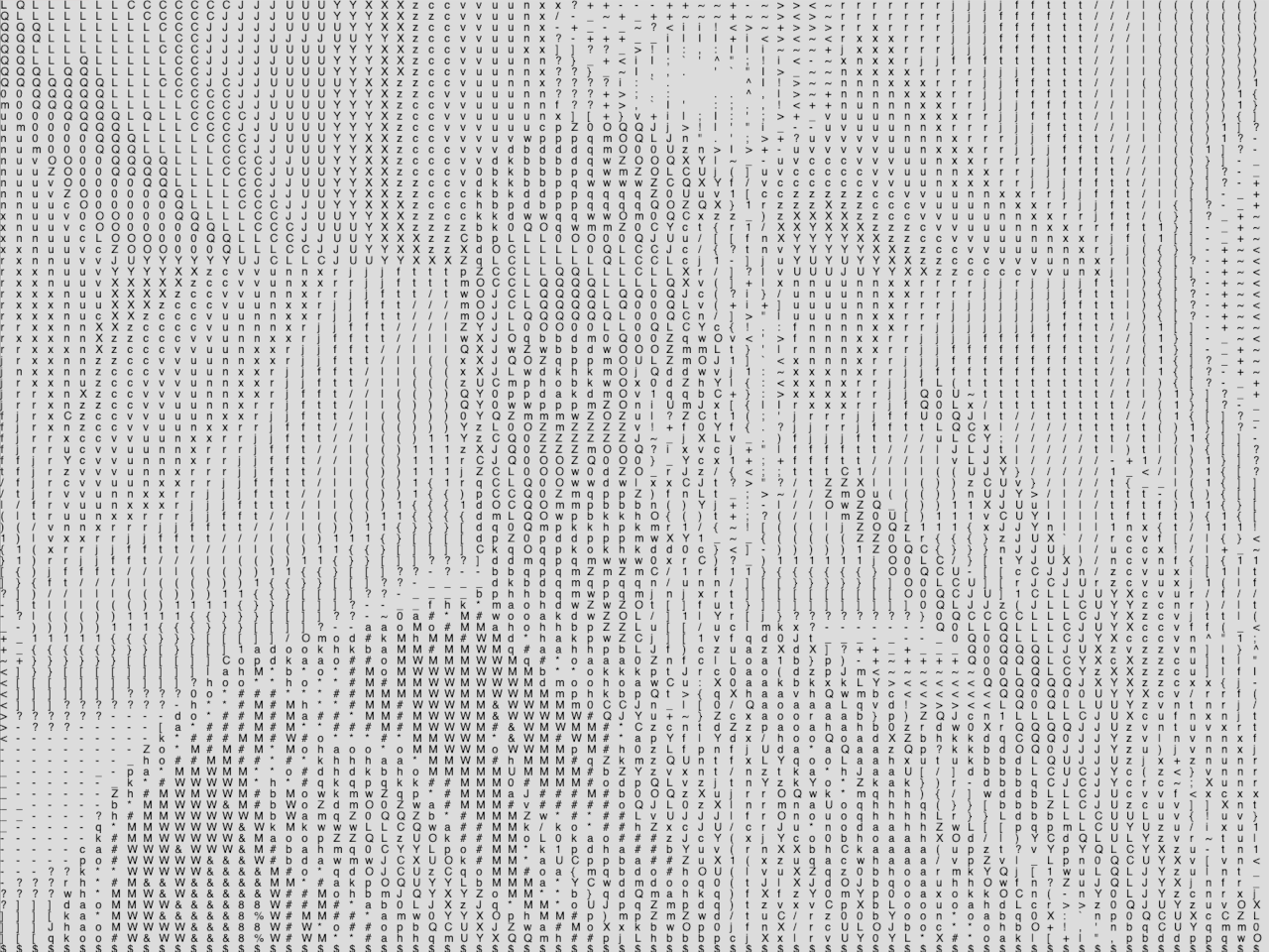 A webcam window where the image is represented using ASCII letters rather than coloured pixels